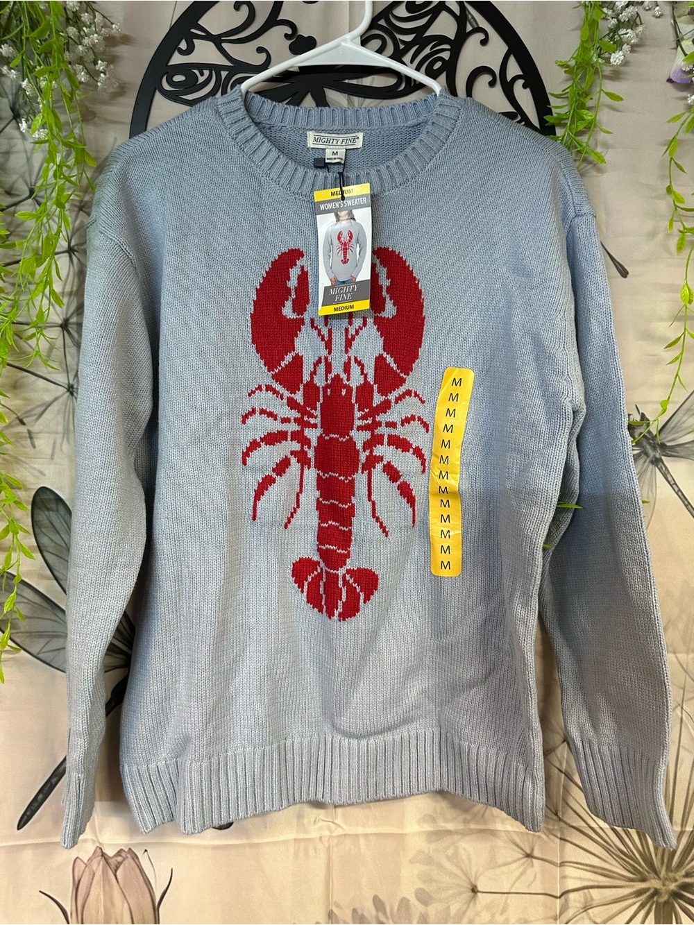 Mighty Fine Light Blue Crewneck Sweater with Red Lobster Crawfish